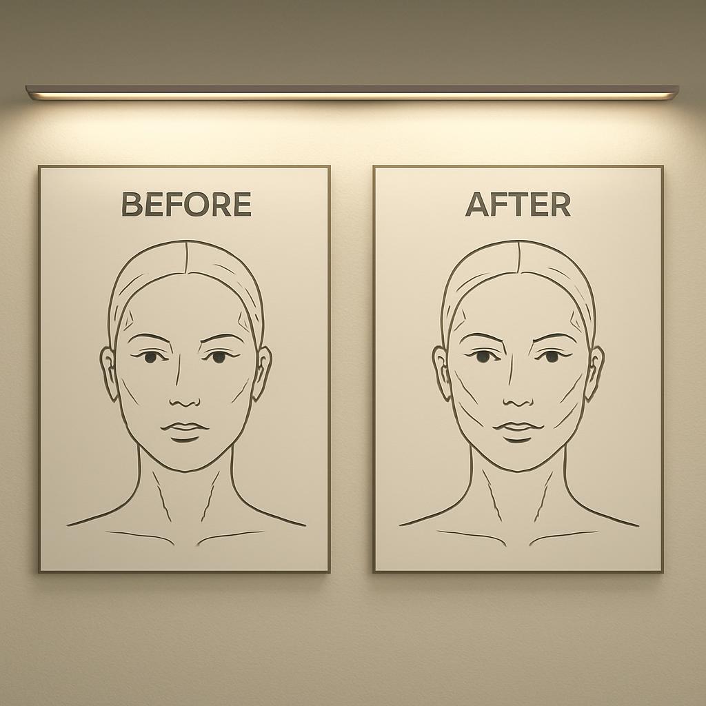 The image features a before-and-after comparison of a woman's face enhancement on two posters hung on a wall. The left pos...