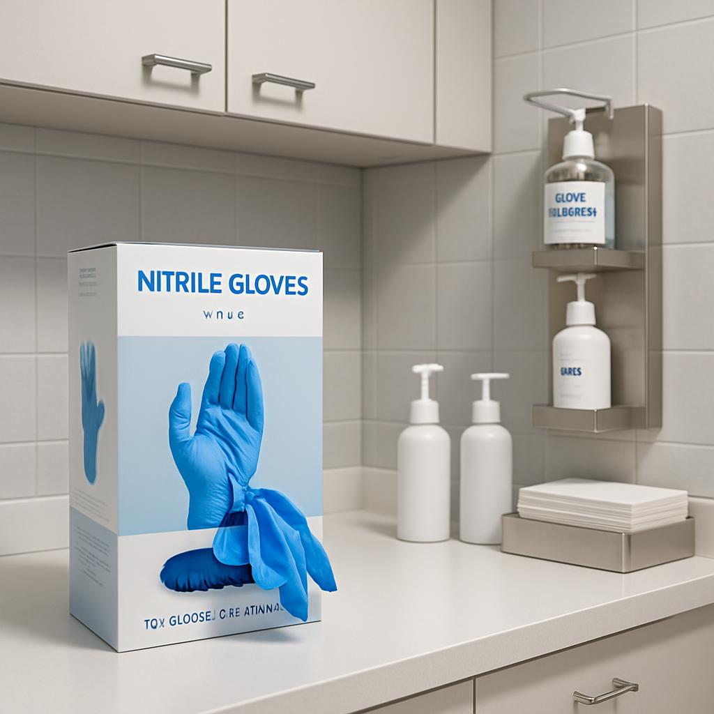 A box of blue nitrile gloves in a medical supply room setting.