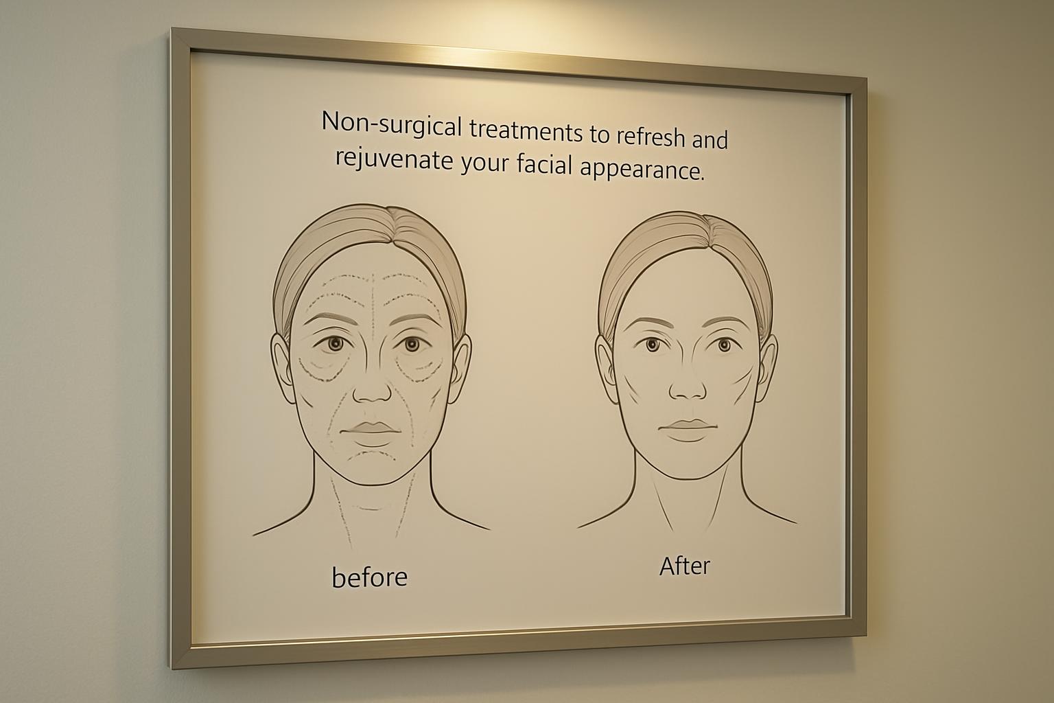 Cartoon before and after protraying non surgical facial rejuvenation treatments, including an older woman and a similar-lo...