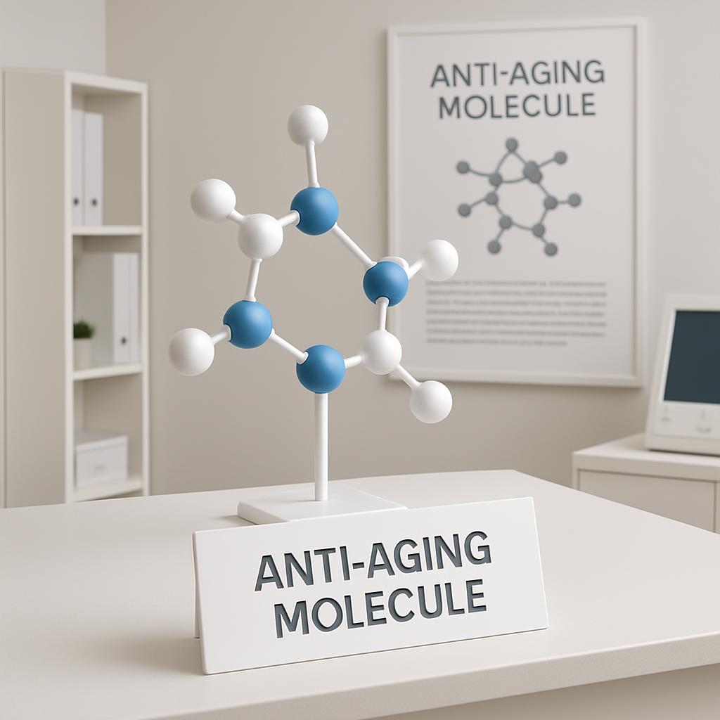 Molecule model and the words anti-aging displayed in an office background.